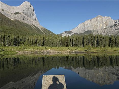影子,摄影师,采石场,湖,加拿大,艾伯塔省