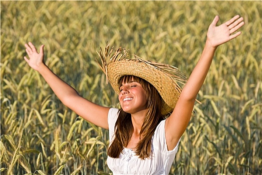 高兴,女人,享受,太阳,玉米田