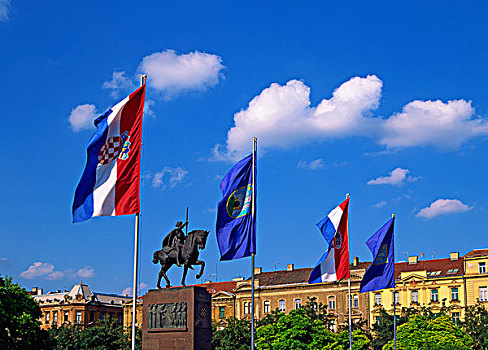 克罗地亚,萨格勒布,国王,广场,雕塑,旗帜