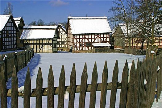 乡村,景色,冬天,木篱,露天博物馆,黑森公园,德国