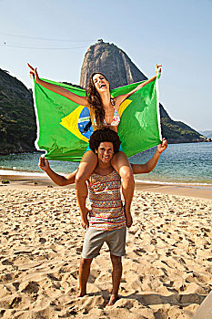 海滩,夫妻,巴西国旗,里约热内卢,巴西