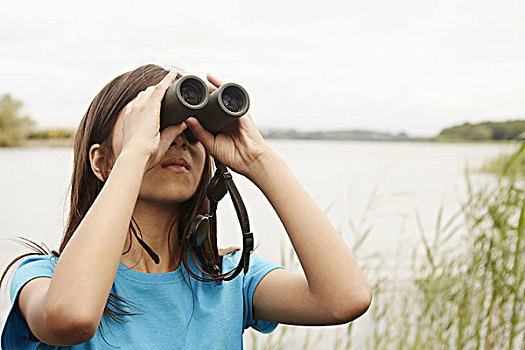 女孩,观鸟,双筒望远镜