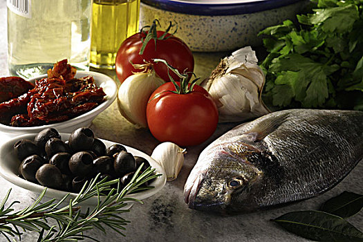 静物,鱼肉,蒜,橄榄,洋葱,西红柿