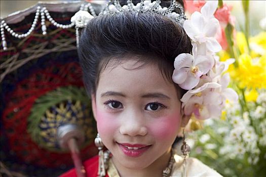 亚洲,泰国,北方,清迈,节日,游行,街道,传统,泰国人,女孩,孩子,女性,肖像,东方,脸,亚洲人,服饰,传统服装