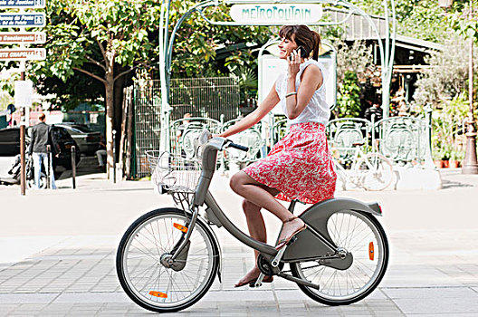女人,骑自行车,交谈,手机,巴黎,法兰西岛,法国