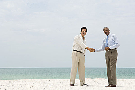 两个,商务人士,握手,海滩,看镜头,微笑
