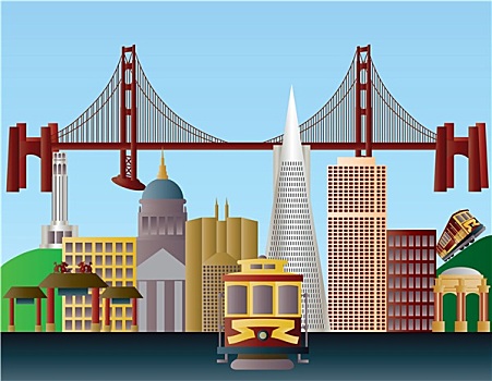 旧金山,城市天际线,插画