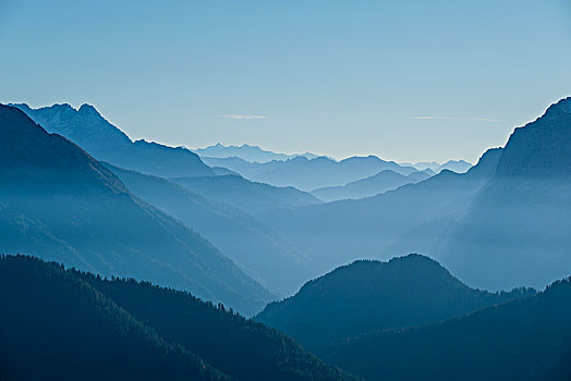 蓝色,剪影,山,风景,上方,贝希特斯加登阿尔卑斯山,背影,贝希特斯加登地区,上巴伐利亚,巴伐利亚,德国,欧洲