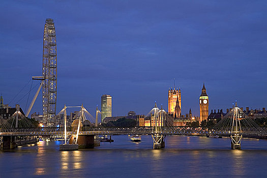 英格兰,伦敦,天际线,黄昏,看,西部,泰晤士河,桥,伦敦眼,威斯敏斯特宫