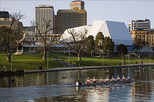 澳大利亚,澳洲南部,阿德莱德市,早晨,桨手,河,节日,中心,背景