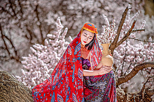 新疆,乡村,杏花,春天,女人,摄影,姿式,动作