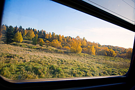 秋天,风景,窗户,列车,瑞典