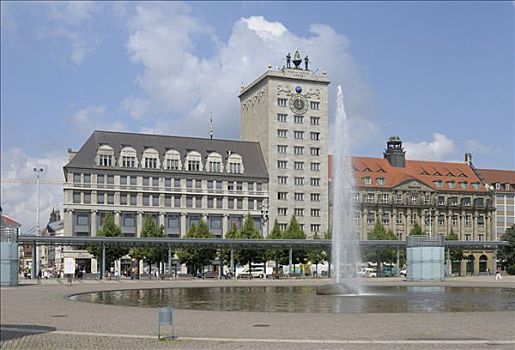 高层建筑,喷泉,正面,莱比锡,萨克森,德国,欧洲