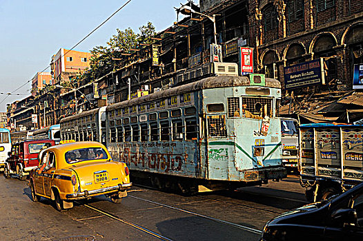 印度,西孟加拉,加尔各答,有轨电车,汽车