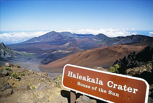 夏威夷,毛伊岛,哈雷阿卡拉火山口,哈莱亚卡拉国家公园,标识,标记,房子,太阳