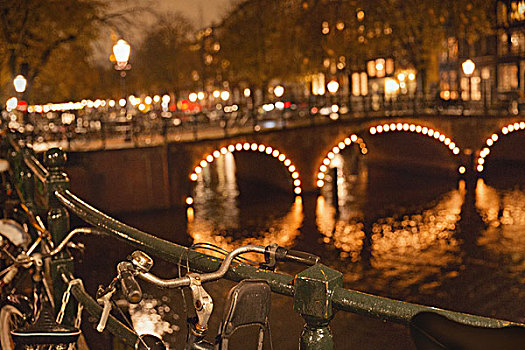 自行车,彩灯,桥,上方,运河,夜晚,阿姆斯特丹