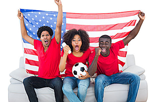 欢呼,足球,球迷,红色,坐,沙发,美国国旗