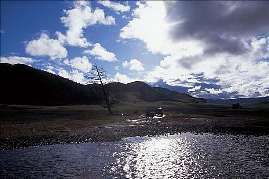 河,篷车,乌云,探险,蒙古,亚洲