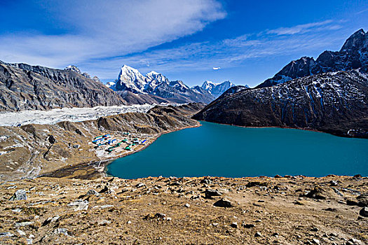 风景,湖,乡村,冰河,积雪,山,远景,单独,昆布,尼泊尔,亚洲