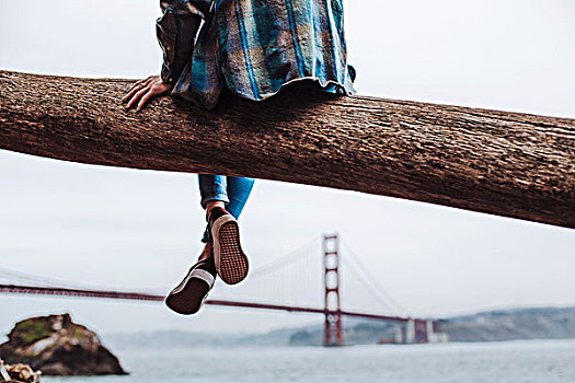 后视图,一个人,坐,看,金门大桥,旧金山湾