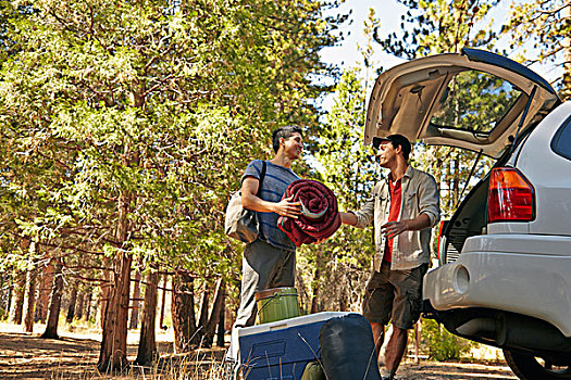 两个,男青年,露营,打开,后备箱,树林,洛杉矶,加利福尼亚,美国