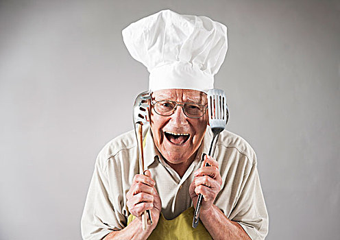 老人,炊具,戴着,围裙,厨师帽,棚拍