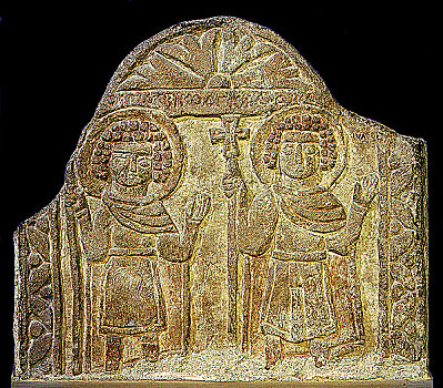石灰石,浮雕,一对,拿着,十字架,埃及,三世纪