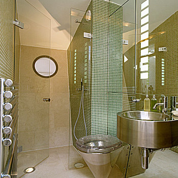 设计师,卫生间,不锈钢,盆,正面,镜子,图案,瓷砖,淋浴,小间