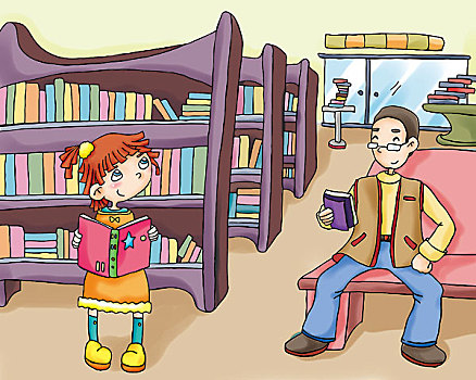 父親,女兒,學習,讀書,圖書插圖,圖書館,書架
