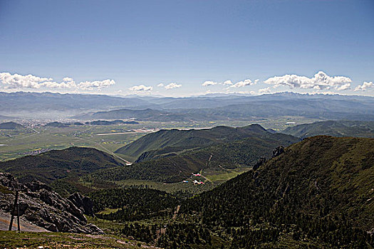 全景,城镇,香格里拉,雪,山,蓝色,月亮,山谷,中国