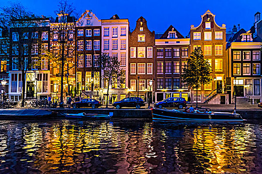 传统建筑,光亮,晚上,停车,船,旅游,运河,阿姆斯特丹,荷兰