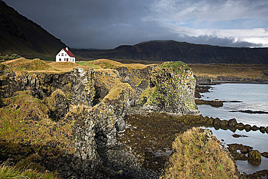 遥远,房子,崎岖,悬崖,斯奈山半岛,冰岛