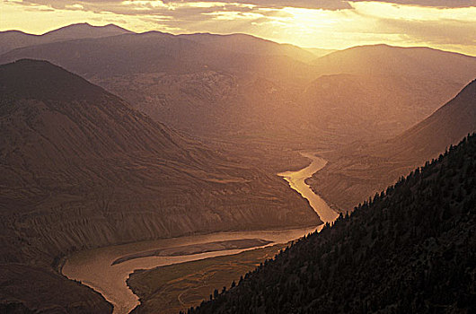 日落,上方,弗雷泽河,不列颠哥伦比亚省,加拿大