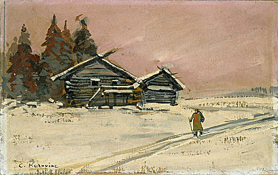 冬季风景,两个,木质,小屋,早,20世纪,艺术家