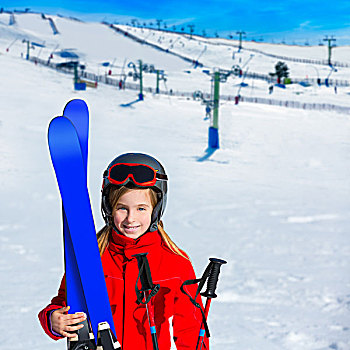 儿童,女孩,冬天,雪,滑雪装备,头盔,护目镜,杆