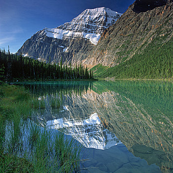 反射,山,水中,湖,碧玉国家公园,艾伯塔省,加拿大