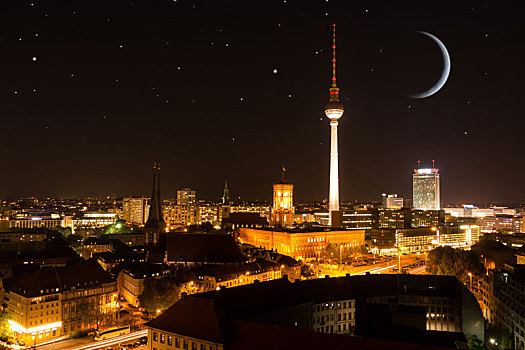 柏林,天际线,月亮,星