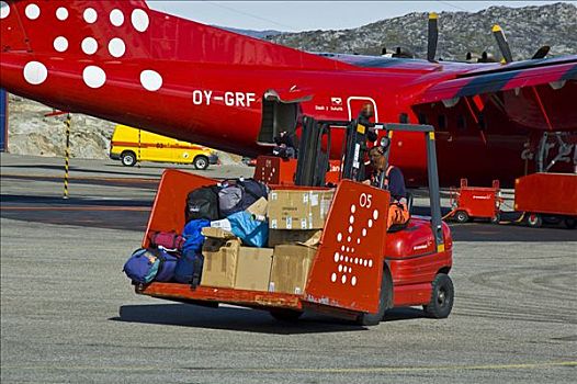 举起,行李,运输,交通工具,卸载,飞机,伊路利萨特,机场,格陵兰,北极