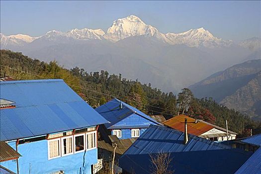 俯拍,房子,山峦,背景,安娜普纳,喜马拉雅山,尼泊尔