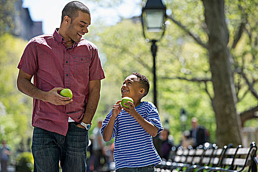 家庭,公园,晴天,一个,男人,男孩,吃,苹果
