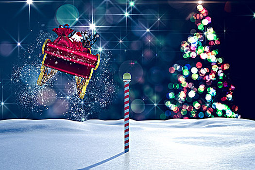 合成效果,图像,圣诞老人,飞,雪撬,闪闪发光,圣诞树