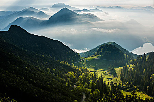 山林,巴伐利亚阿尔卑斯山,早,早晨,瓦尔幸湖,上巴伐利亚,巴伐利亚,德国,欧洲