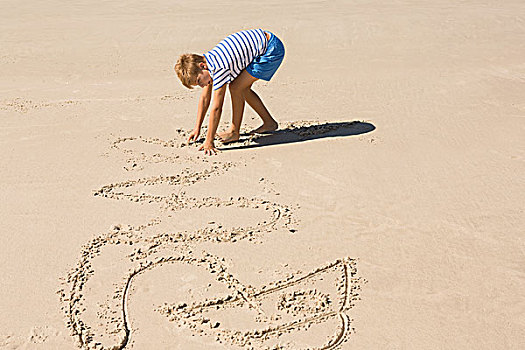 侧面视角,男孩,玩,沙子,海滩