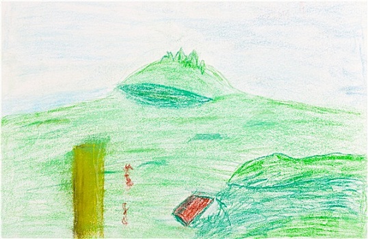 孩子,绘画,绿色,山