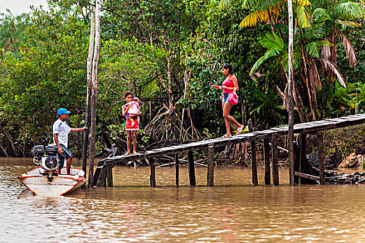 南美,亚马逊河,母亲,女儿,乘坐,驳船,乡村