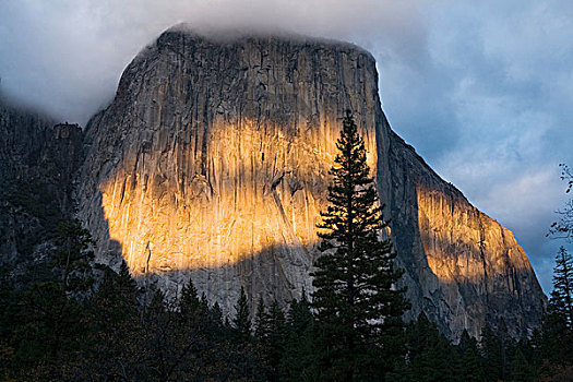晚间,阳光,船长峰,花冈岩,独块巨石,向上,高,悬崖,优胜美地山谷,优胜美地国家公园,加利福尼亚,美国