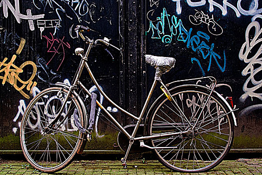 自行车,停放,涂鸦,墙壁