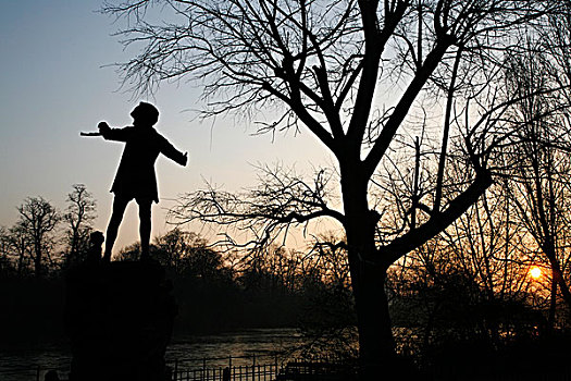 雕塑,剪影,日出,肯辛顿花园,伦敦,英格兰