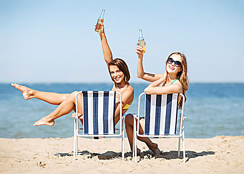 暑假,度假,女孩,日光浴,喝,沙滩椅