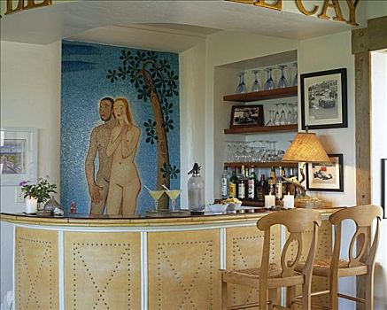 酒吧,小,鲸,房子,优雅,涂绘,天花板,壁画